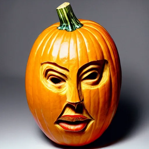 Prompt: gourd carved to look like the face of amber heard