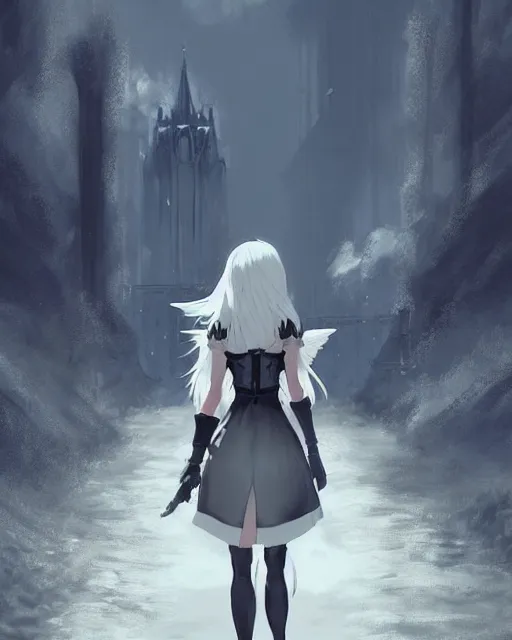 Image similar to infinitely detailed concept art of angel elegantly clothed strolling through a peaceful path, artstation!! / pixiv!!! infinitely detailed, nier automata scenery art concept, dream magical, dream scenery art, dream lighting, full - body majestic angel