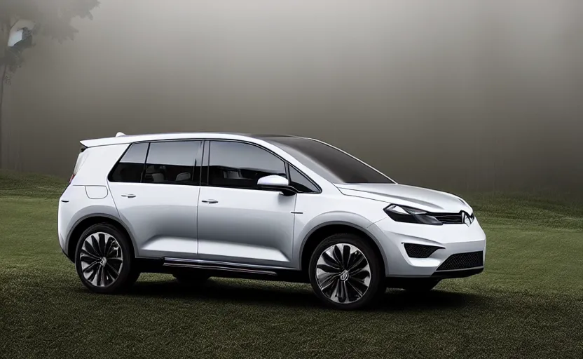 Image similar to the electric suv honma will release soon, outdoor product photography on a golf course, fog, very besautiful ambient light, sun rays