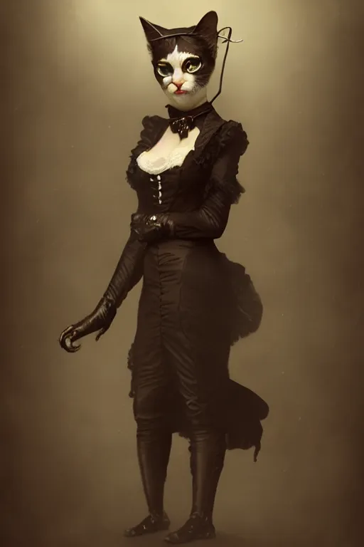 Prompt: wet plate photograph portrait of an anthropomorphic cat - woman, dressed in a victorian - era clothing, dramatic lighting, highly detailed, digital painting, artstation, concept art, smooth, sharp focus, illustration, art by wlop, mars ravelo and greg rutkowski