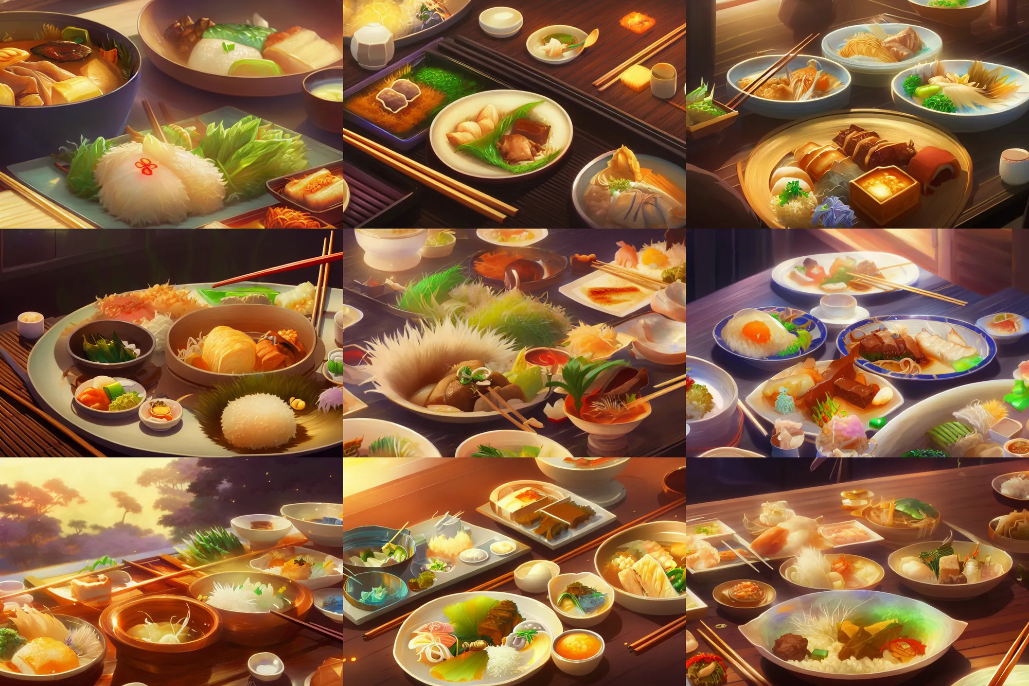 Prompt: close - up of a delicious japanese meal, key visual, a fantasy digital painting by makoto shinkai and james gurney, trending on artstation, highly detailed