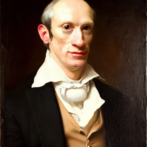 Image similar to portrait of a man wearing a black suit jacket and with amazon milk frog as his head, tan vest, and white ascot, an american romanticism painting, a portrait painting, cgsociety, soft focus, oil on canvas