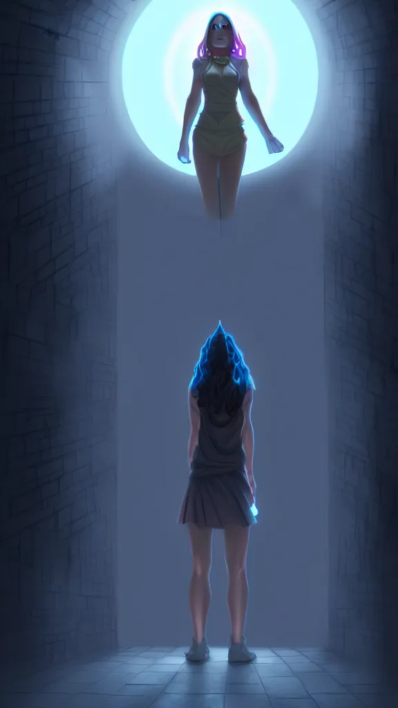 Image similar to wizard girl, standing in crypts casting a spell, 3 point perspective, volumetric lighting, in the style of Artgerm