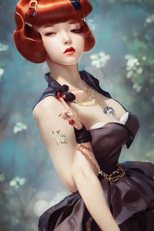 Image similar to a pin up and beautiful fashion charming dreamlke japan girl with lv jewelry, character art, art by artgerm lau and wlop and and ilya kuvshinov and john singer sargent, hyperdetailed, 8 k realistic, symmetrical, frostbite 3 engine, cryengine, dof, trending on artstation, digital art