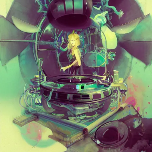 Image similar to surreal gouache painting, by yoshitaka amano, by ruan jia, by Conrad roset, by good smile company, detailed anime 3d render of transparent resin egg with a magical dragonfly inside. Surrounded by a big DJ Mixer, deck, portrait, cgsociety, artstation, rococo mechanical and Digital and electronic, dieselpunk atmosphere