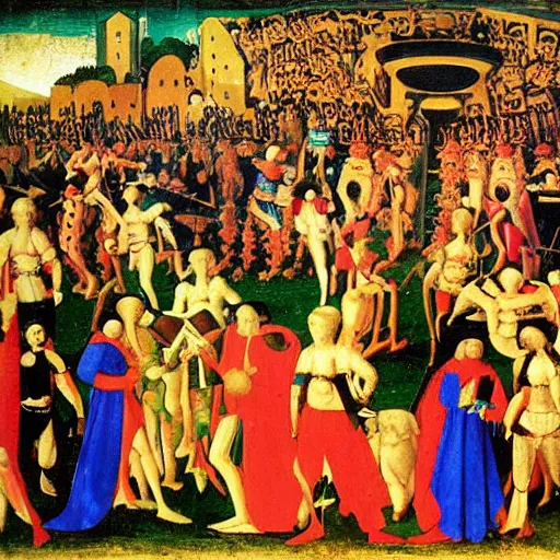 Prompt: 15th century florentine rave party painted by paolo uccello, oil painting on canvas