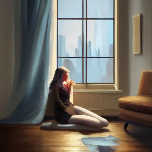 Prompt: oil painting of a beautiful woman in a cozy, comfort home, dimly lit, modern apartment, city from the window, insanely detailed, artstation, digital painting, cinematic lighting