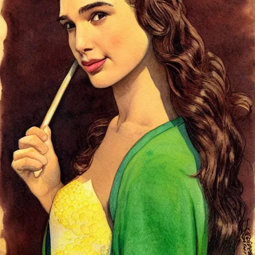 Image similar to realistic portrait of gal gadot in a banana costume, detailed art by maxfield parrish and jessie willcox smith, illustration style, watercolor