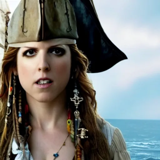 Image similar to still of Anna Kendrick as Captain Sparrow in Pirates of the Caribbean remake 2029