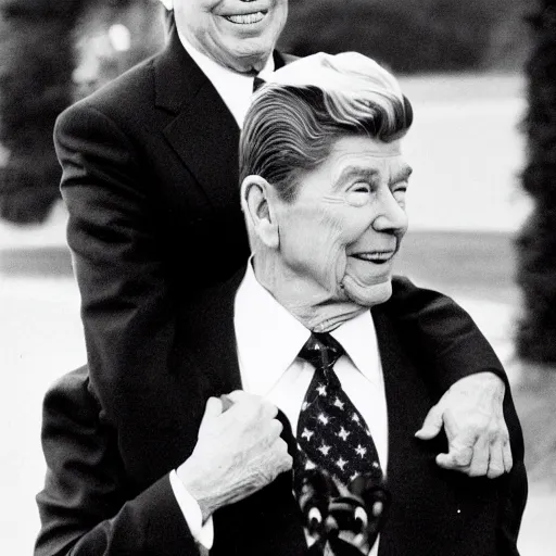 Image similar to trump getting a piggy - back ride from ronald reagan