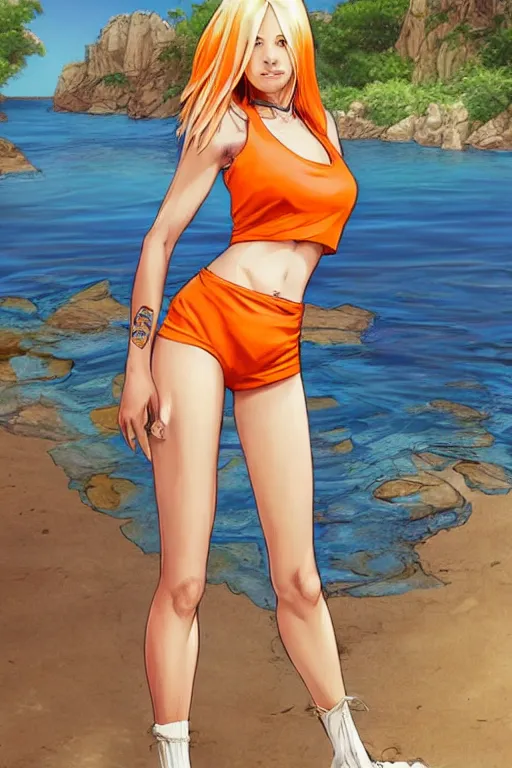 Prompt: a gorgeous woman with very long hip-length blonde hair, wearing a cut-off white top and orange cut-off shorts standing by the water, in the style of artgerm and moebius and annie liebovitz, marvel comics, photorealistic, highly detailed, trending on artstation