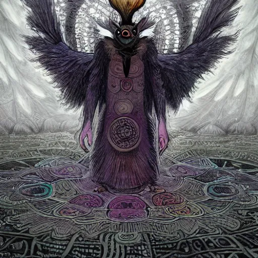 Image similar to 8K Portrait of centered chest up of a psychedelic godlike mothman shaman with moth face and giant mandala wings smoking a hand-rolled cigarette smoking heavily , magic mushroom village in background , post-processing , award winning. superb resolution. in the art style of junji Ito and greg rutkowski . Detailed Mushroom city in background. Hyper realistic anime. Perfect art. Dalle2