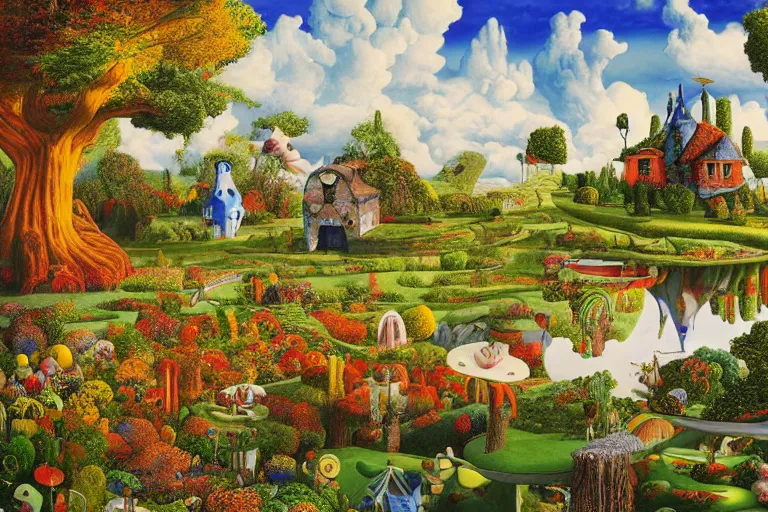 Image similar to a magical realism landscape in wonderland with house and trees by jacek yerka and salvador dali, detailed matte painting, 8 k resolution