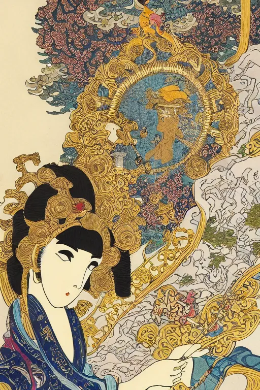 Image similar to hyperdetailed matte illustration of a knight wearing an ornate gold headpiece and holding a flower with a map of the collective subconscious in the background by hokusai