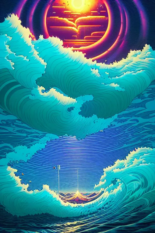 Prompt: an ocean wave swirling in the sky by simon stalenhag and dan mumford and arthur adams, surrealism, hyper detailed, retrowave, solarpunk
