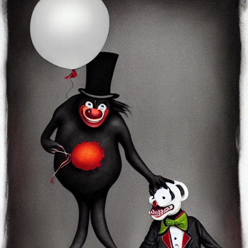 Image similar to grunge cartoon painting of an ape with a top hat with a wide smile and a red balloon by chris leib, loony toons style, pennywise style, horror theme, detailed, elegant, intricate