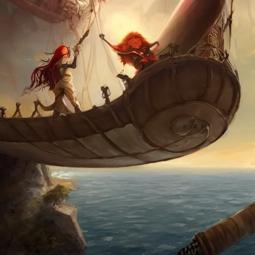 Prompt: A sky-pirate with long red hair meeting a young boy thief with blonde hair on an airship, epic fantasy art style