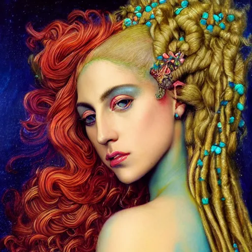 Image similar to photo realistic, lady gaga artpop act ii, intricate detail, hyper detail, gaston bussiere, sandro botticelli style, with neon aqua rapunzel dreadlocks, detailed, masterpiece, sharp focus,