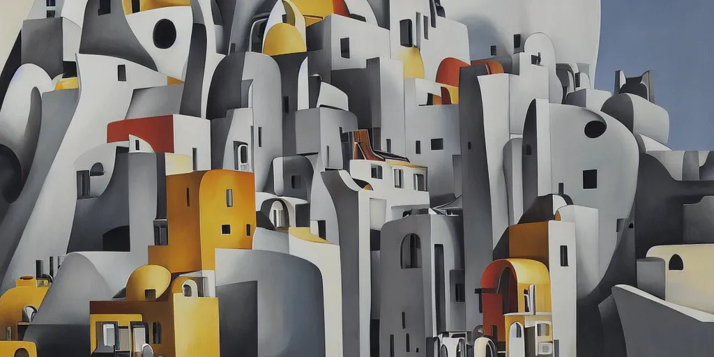 Image similar to a painting of abstract buildings like santorini by zaha hadid and yves tanguy and aaron horkey