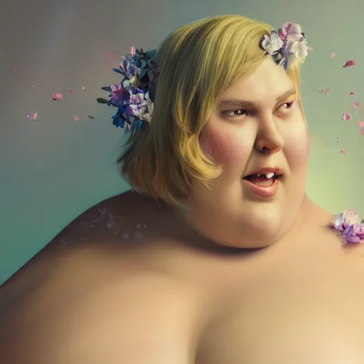 Prompt: the huge fat woman's head is on the in the closet, covered with ice and flowers. medium shot. beautiful colors, great lighting. fantastic movie scene. subsurface scattering shiny skin. beautiful lighting, 4 k post - processing, trending in art station, cg society, highly detailed, 5 k extremely detailed, 3 d. cinematic scene. sharp image.