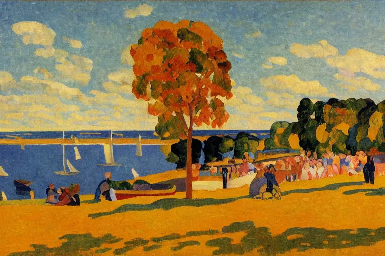 Image similar to A sprawling landscape painting of the Chesapeake bay in the fall, bathed in golden light, peaceful, sailboats, birds in the distance, golden ratio, fauvisme, art du XIXe siècle, oil on canvas by André Derain, Albert Marquet, Auguste Herbin, Louis Valtat, Musée d'Orsay catalogue