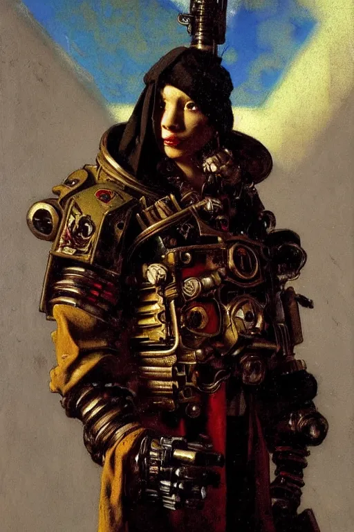 Prompt: full character portrait max mad cyberpunk warhammer 4 0 k, tech priest medic not the girl with the pearl earring character design, painting by gaston bussiere, katsuya terada, wyeth, greg rutkowski, craig mullins, ( ( ( ( ( vermeer ) ) ) ) ), frank frazetta, mucha, tom of finland, trending on artstation