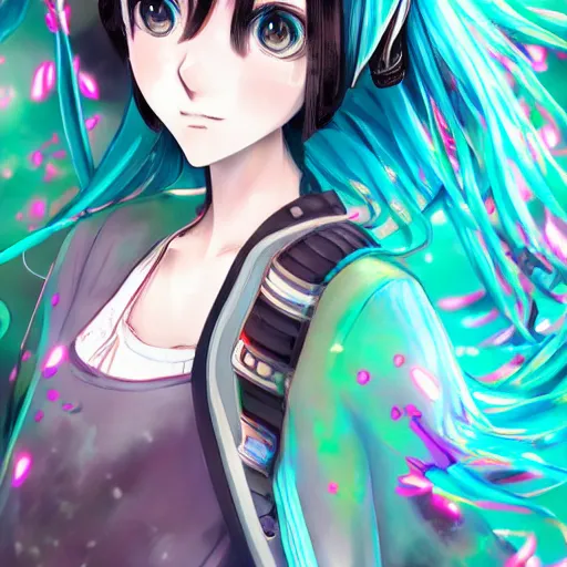 Image similar to hatsune miku short hair, anime style, hyper detailed, illustration, digital painting, high delicate defined details, anime stylized, highly detailed, realistic, sharp focus, styled by rhads
