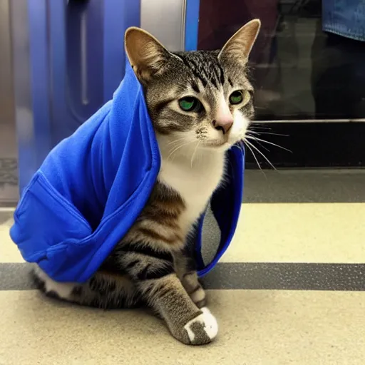 Prompt: a cat with a blue hoodie sitting in a subway