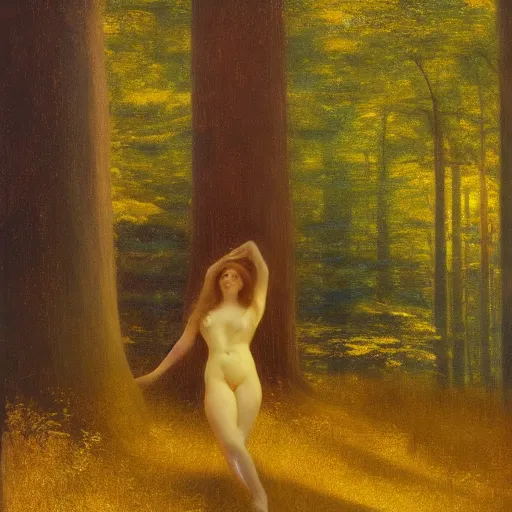 Image similar to a beautiful girl in a golden forest, faded, by ernst heackel, daguerreotype by edward hopper, by henri rousseau, by Bosch, art noveau, highly detailed, strong lights, liminal, eerie, Bright pastel colors, octane render, 8k,