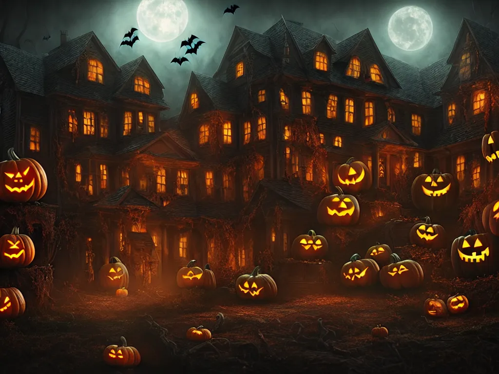 Image similar to spooky Halloween party, Fantasy Hyper detailed digital matte painting, concept art, hyperrealism, Cinema 4D, 8k resolution, 64 megapixels, coherent, bokeh, CGSociety, ZBrush Central, behance HD, hypermaximalist, a masterpiece, 4K.