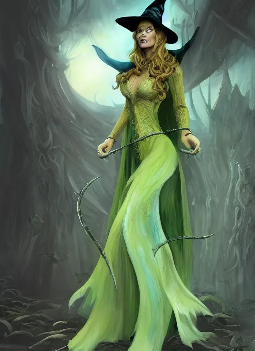 Image similar to beautiful female witch, rebecca romijn as wicked witch of the west, full body character concept, evil, powerful, magic, art nouveau, super powers, fantasy, intricate, elegant, mistique, horrifying, highly detailed, digital painting, artstation, concept art, shining, sharp focus, illustration, art by stanley lau