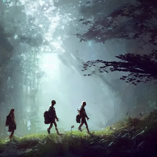 Image similar to tiny mushroom people walking by a stream in a lush forest, dramatic lighting, illustration by Greg rutkowski, yoji shinkawa, 4k, digital art, concept art, trending on artstation