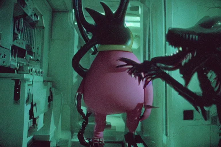 Prompt: peppa the pig with xenomorph body from movie alien 1 9 7 9, staying at nostromo spaceship. extreme long shot, cinestill, black and blue and acid green colors