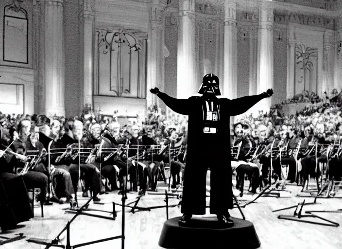 Image similar to film still of Darth Vader conducting an orchestra live at Heinz hall, 4k