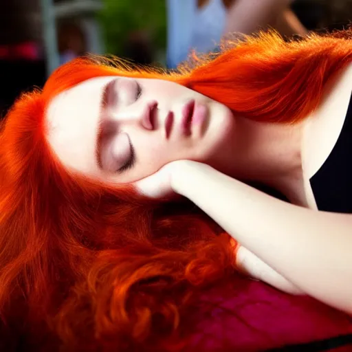 Prompt: beautiful red hair female fallen asleep at a party