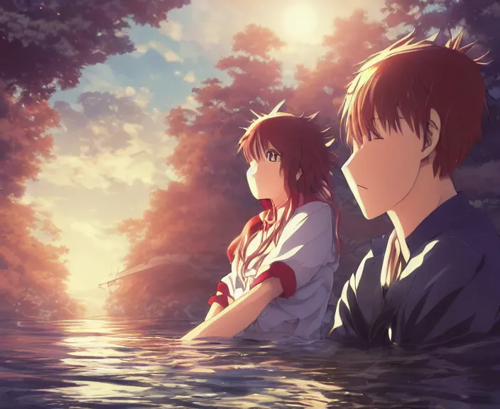 Prompt: anime key visual of a young man anime and young woman anime sitting together on one single boat. Romantic. Girl has auburn hair. Boy has short black hair. Narrow river in a forest, rocky shore, trees, shady, blue waters, ripples, waves, reflections, details, sharp focus, illustration, by Jordan Grimmer and greg rutkowski, Trending artstation, pixiv, digital art