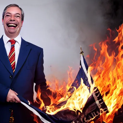 Image similar to nigel farage laughing holding burning eu flag, studio photograph, hd, studio