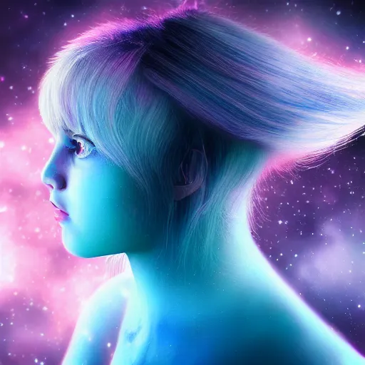 Image similar to photorealistic portraits of girl, blue hair, background with beautiful photography of nebula space wallpaper 8k