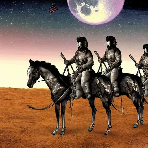 Image similar to aliens riding horses on the moon in the style of Fredrick Remington matte