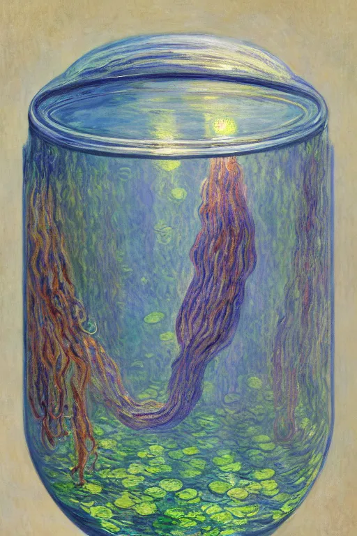 Prompt: a beautiful painting of a cylindrical aquarium with a lot of jellyfish, ray of light, quiet, shimmering and prismatic, rococo, by monet and mucha, trending on artstation.