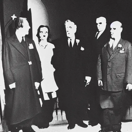 Prompt: Satanic States of America, goth Franklin Roosevelt, alternate history, FDR as a goth, occult symbols, 1941 photograph