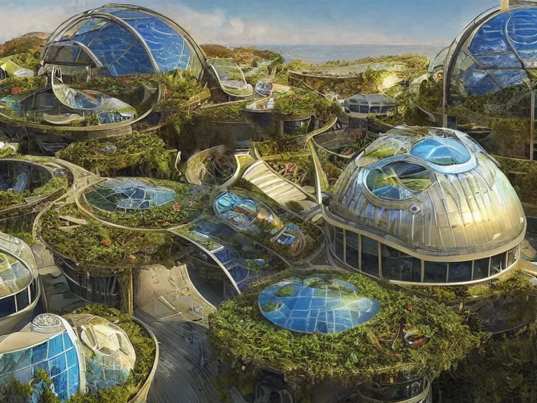 Image similar to an imax view of a eco - friendly solarpunk habitat in a futuristic oceanside suburb of san francisco california, art by alejandro burdisio and federico pelat and paolo soleri, hyperrealism