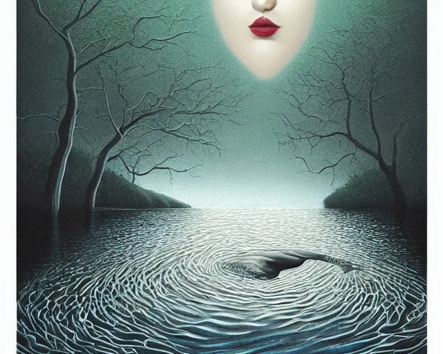 Image similar to a river runs through your heart, an ultrafine detailed painting by rafal olbinski, behance contest winner, pop surrealism, detailed painting, very detailed, minimalist, skeuomorphic, airbrush art