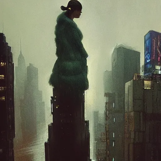 Prompt: “ girl standing on a roof looking down at a foggy futuristic new york city below, ghostpunk, blade runner, cyberpunk, brutalist, very detailed, by george bellows ”