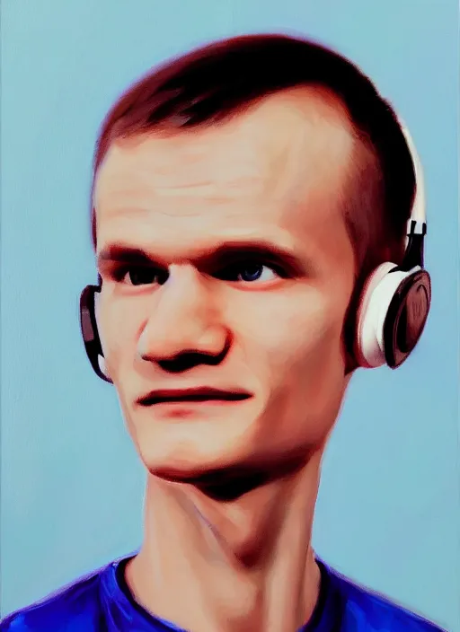 Image similar to vitalik buterin in headphones. vitalik buterin, close up, perfect symmetric face, coherent eyes, cute happy face, fine details., 4 k, hans zatska, oil paint