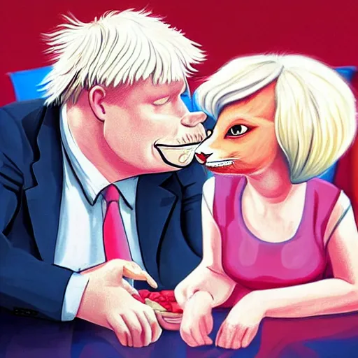 Prompt: boris johnson cartoonized. hyperrealistic. cartoonized cat. the have a romantic dinner.