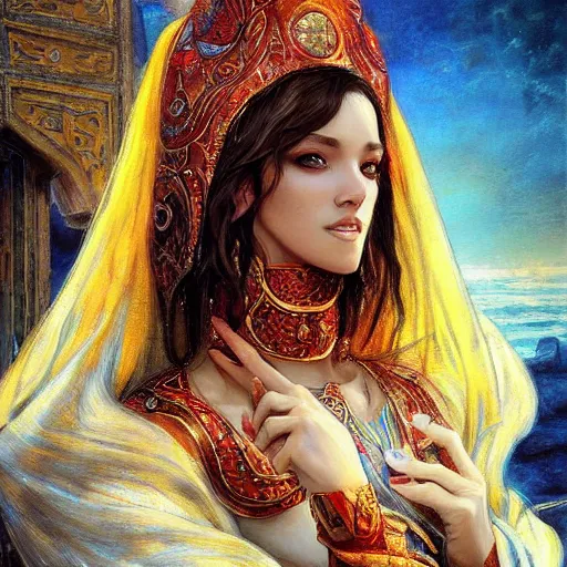 Image similar to a full body beautiful woman wearing a chedda from tlemcen by karol bak, ayami kojima, artgerm, sakimichan, arabian beauty, blue eyes, smile, concept art, fantasy