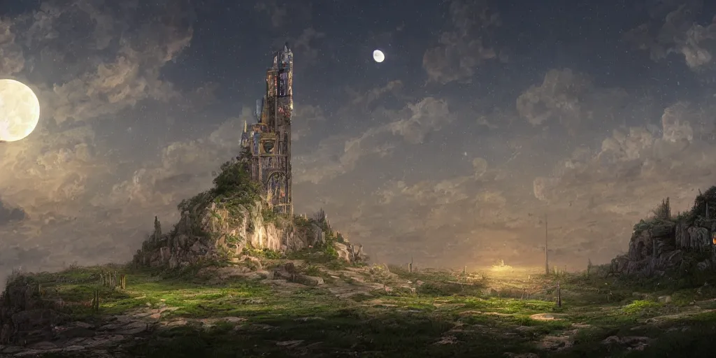 Image similar to The great intricate marble wizards tower, painted landscape, green fields in the background, moody lighting, moon in the night sky, sharp image, 4k, artstation, colorful digital art