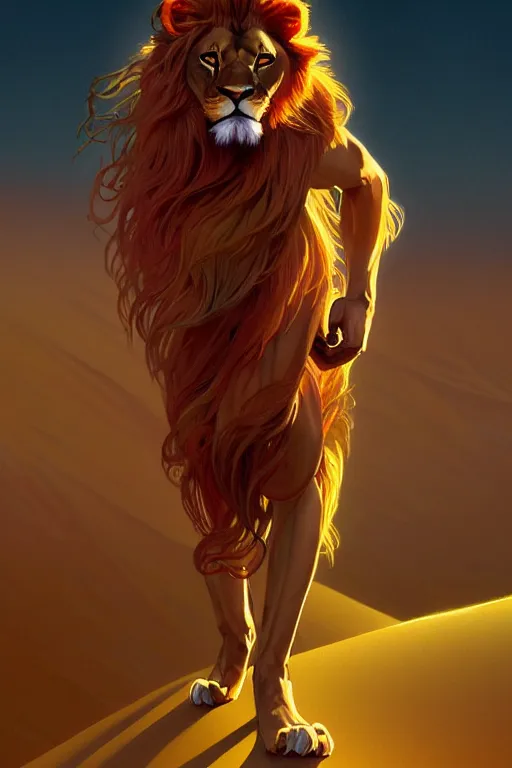 Prompt: full figure beautiful young fit antrophomorphic male lion, dressed with multicolored fluent clothes, luminous scene, by greg rutkowski and alphonse mucha, d & d character, gradient red to gold, in front of a dune desert background, highly detailed portrait, digital painting, artstation, concept art, smooth, sharp focus illustration, artstation hq