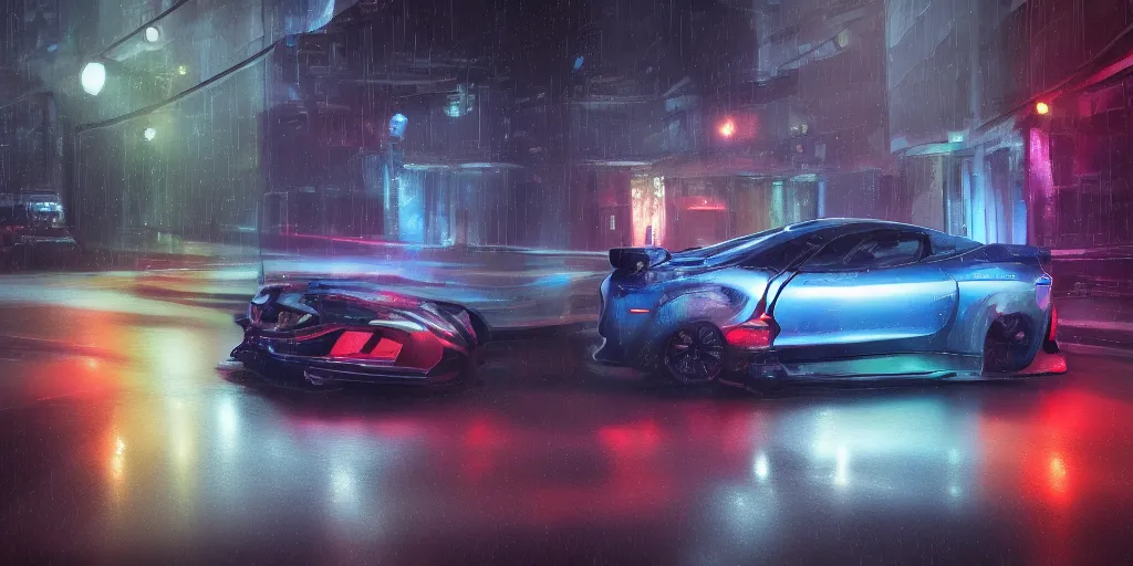 Prompt: full view of a sport car, on wet street at night, painted in dark color holographic pearlescent, elegant, digital painting, concept art, smooth, sharp focus, art style from Wang Ke and Greg Rutkowski and Bruce Kaiser and Scott Robertson and Dmitry Mazurkevich and Doruk Erdem and Jon Sibal